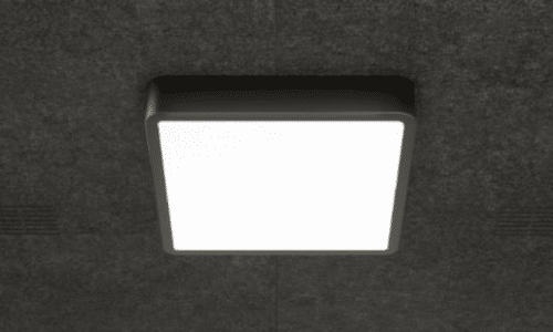 Close-up of an 8OOTH booth's built-in LED ceiling light panel