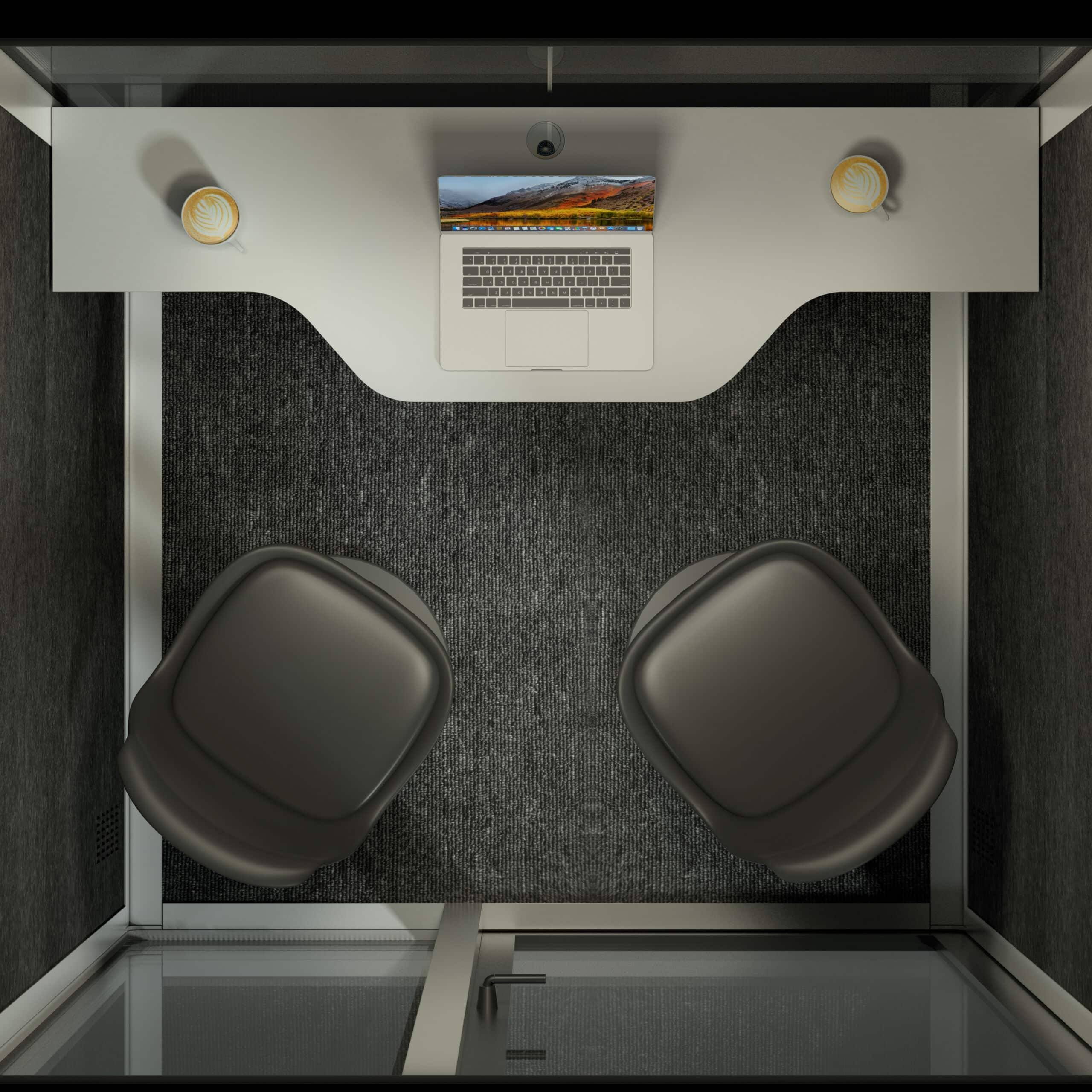Overhead view of an 8OOTH acoustic booth interior with a laptop, two coffee cups and two chairs