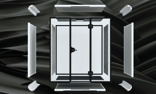 Exploded view diagram of an 8OOTH booth's modular wall panel components