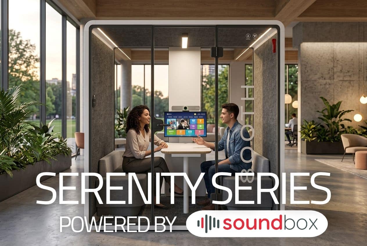 Two people video conferencing inside an 8OOTH Serenity Series booth with built-in screen and camera, powered by Soundbox