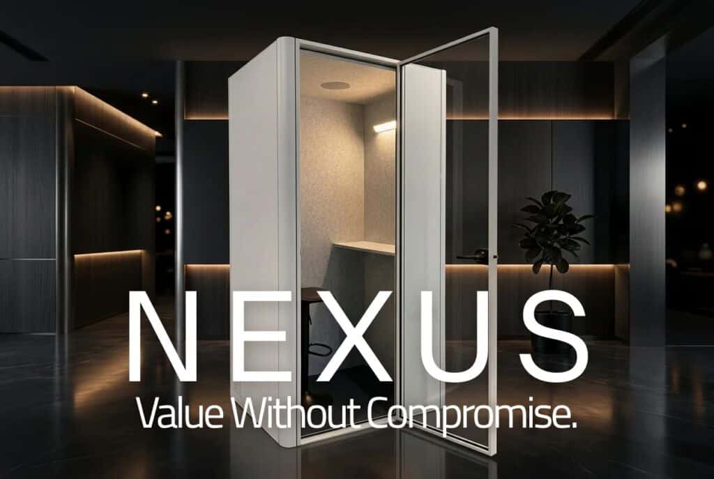 8OOTH Nexus acoustic booth with door open, showing padded interior with desk, seat and lighting, in a modern dark-toned office