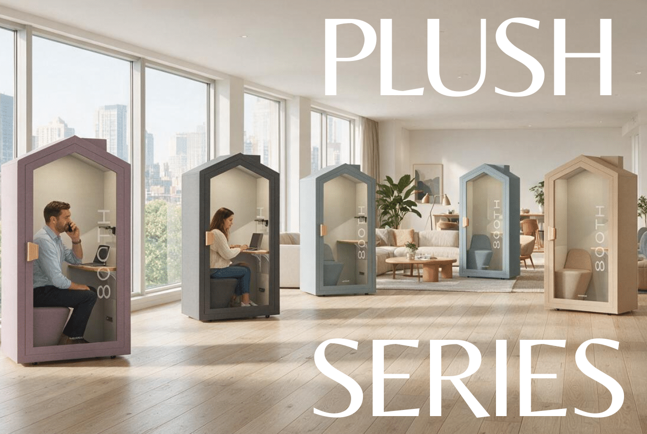 Five 8OOTH Plush Series acoustic phone booths in a modern office lounge, shown in mauve, charcoal, blue, teal and beige finishes